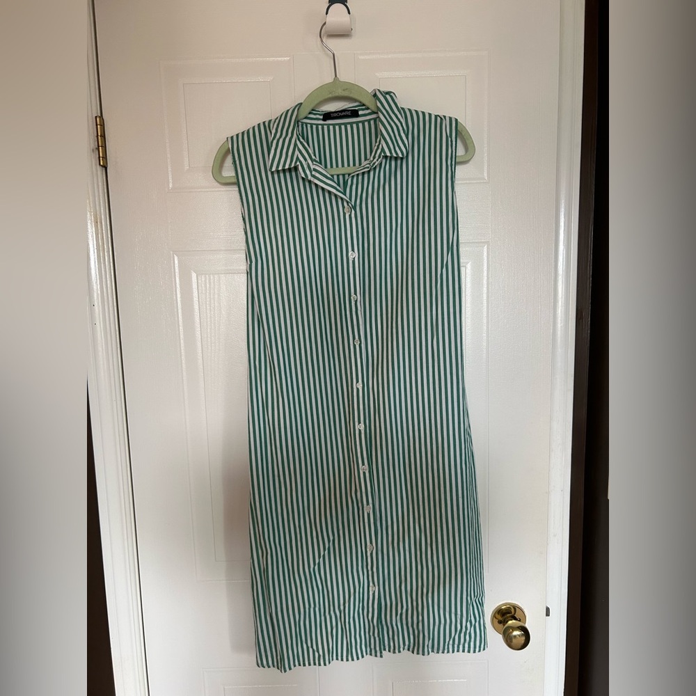 Green Stripe Sleeveless Shirt Dress with Tie Waist